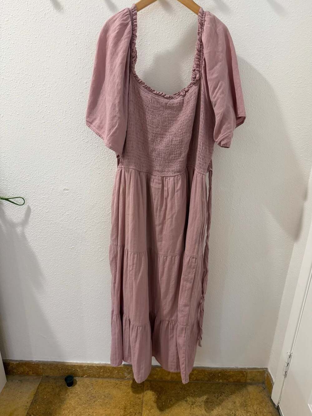 Polagram Dusty Rose Mauve Smocked Square Neck Tiered Midi Dress 1XL